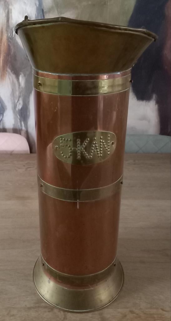 Antieke vintage rood met geel koperen paraplubak 5 kan, Ophalen of Verzenden, Gebruikt, Overige materialen