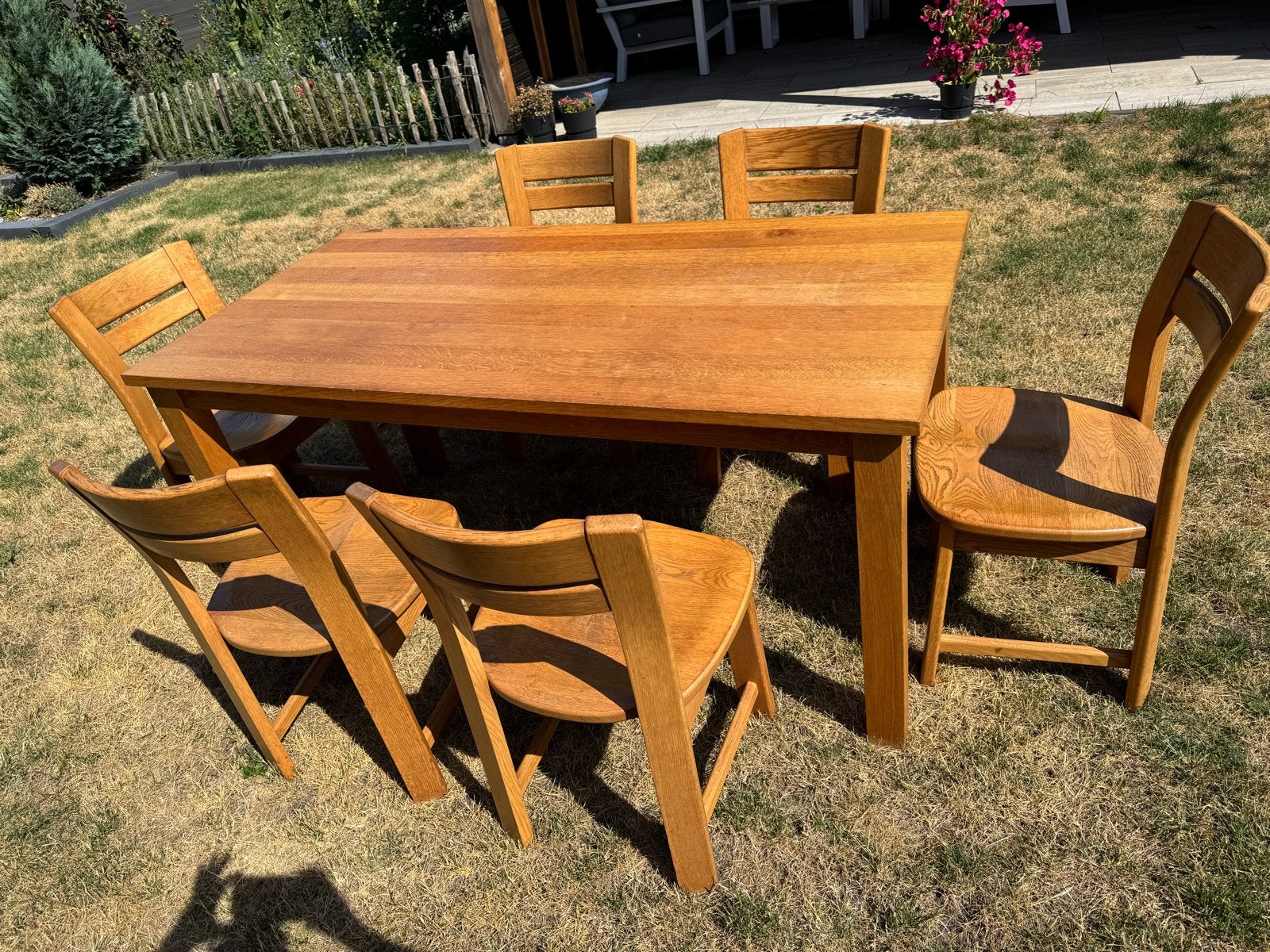 Massief eiken eettafel met 6 stoelen, Ophalen, Gebruikt, Eikenhout, 50 tot 100 cm