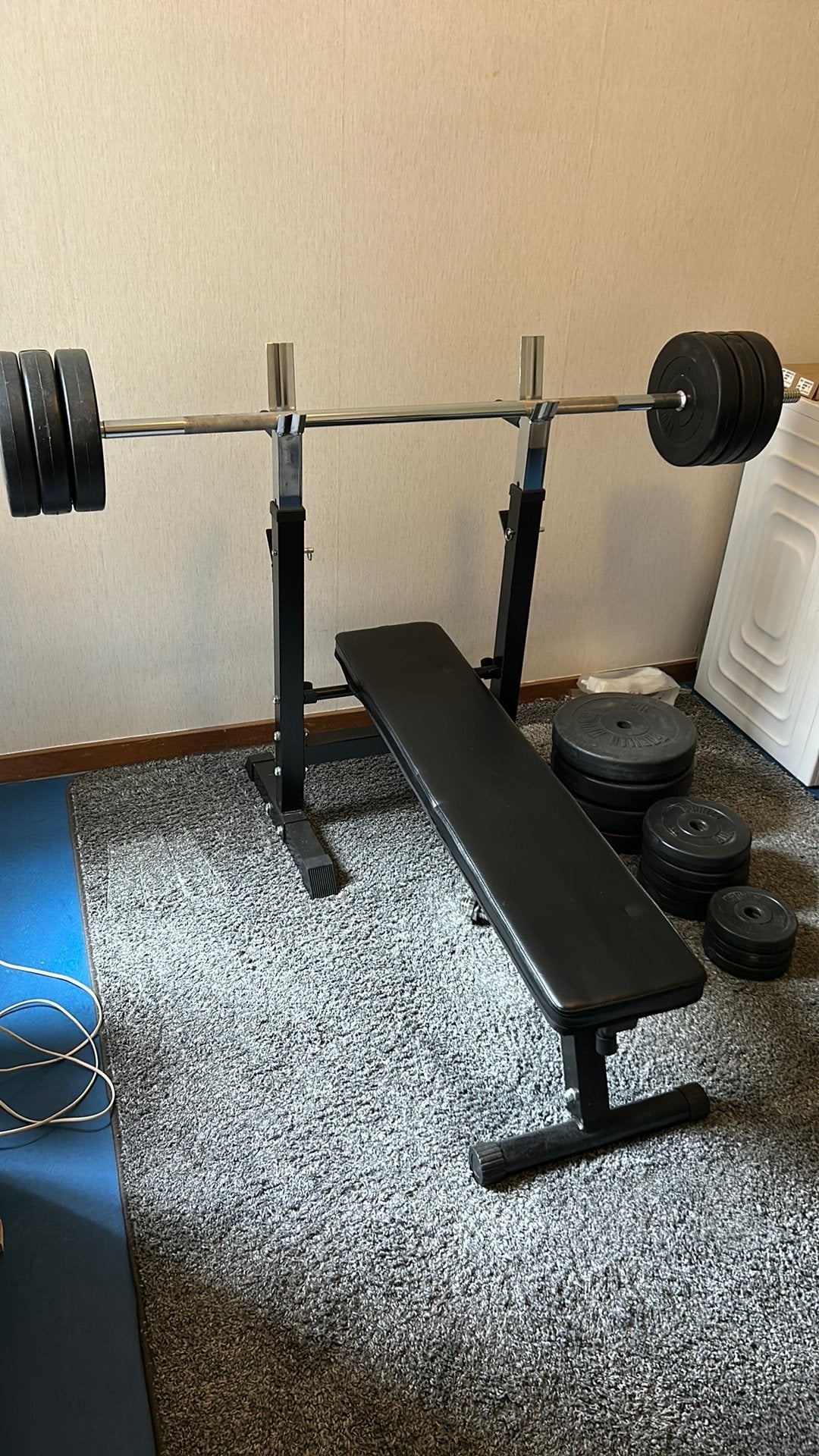 Halterbank met gewichten, Sport en Fitness, Fitnessmaterialen, Ophalen, Zo goed als nieuw, Fitnessbank
