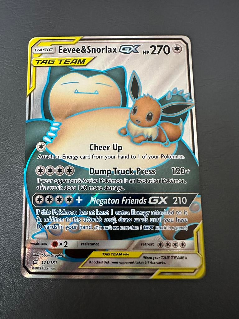 Eevee & Snorlax GX Tag Team Pokemon Kaart, Ophalen, Zo goed als nieuw