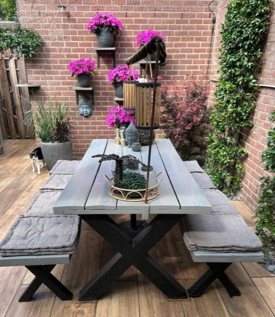Mooi robuuste Picknick tafel - inclusief 8 kussens, Ophalen, Gebruikt, Rechthoekig, Hout