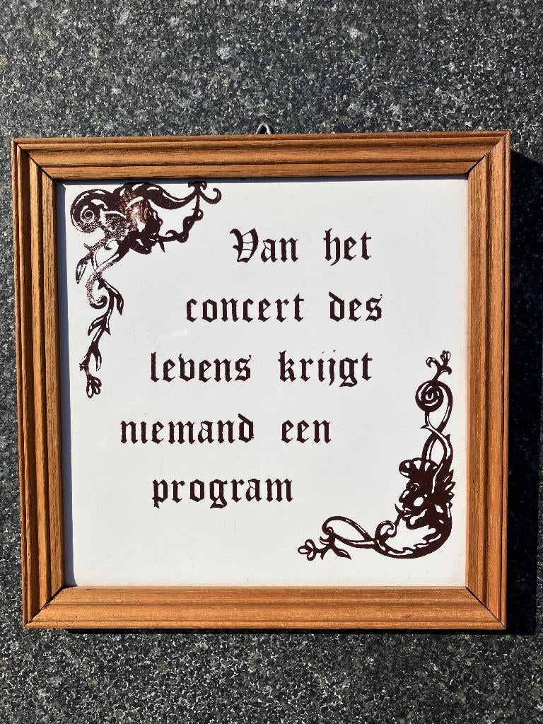 Vintage spreuktegel in lijst - Van het concert des levens..., Antiek en Kunst, Antiek | Wandborden en Tegels, Ophalen of Verzenden