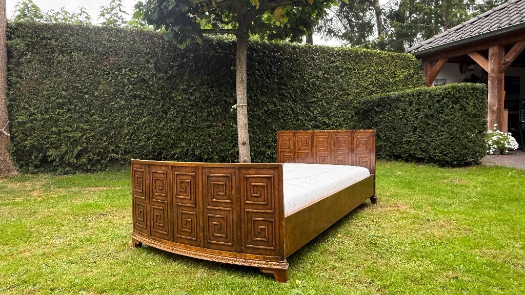 Brocante/antiek Frans houten bed, 1 persoons, Ophalen, Frans, Eenpersoons, Bruin