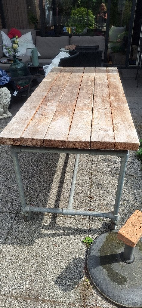 Steiger houten tafel met steiger buizen op wieltjes, Ophalen, Gebruikt, Rechthoekig, Hout