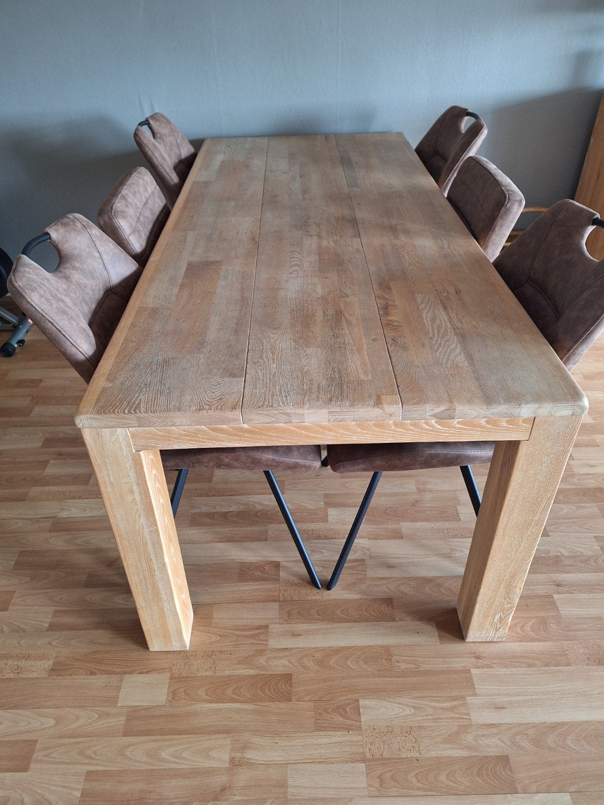 Eikenhouten eettafel met 6 stoelen, Ophalen, Modern, Industrieel, 50 tot 100 cm, Zo goed als nieuw