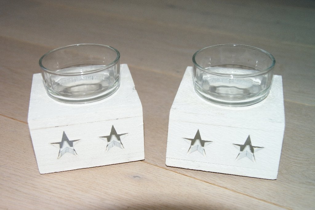 Te koop: 2x Waxinelichthouders of windlicht, hout, wit, ster, Windlicht, Wit, Nieuw, Ophalen of Verzenden