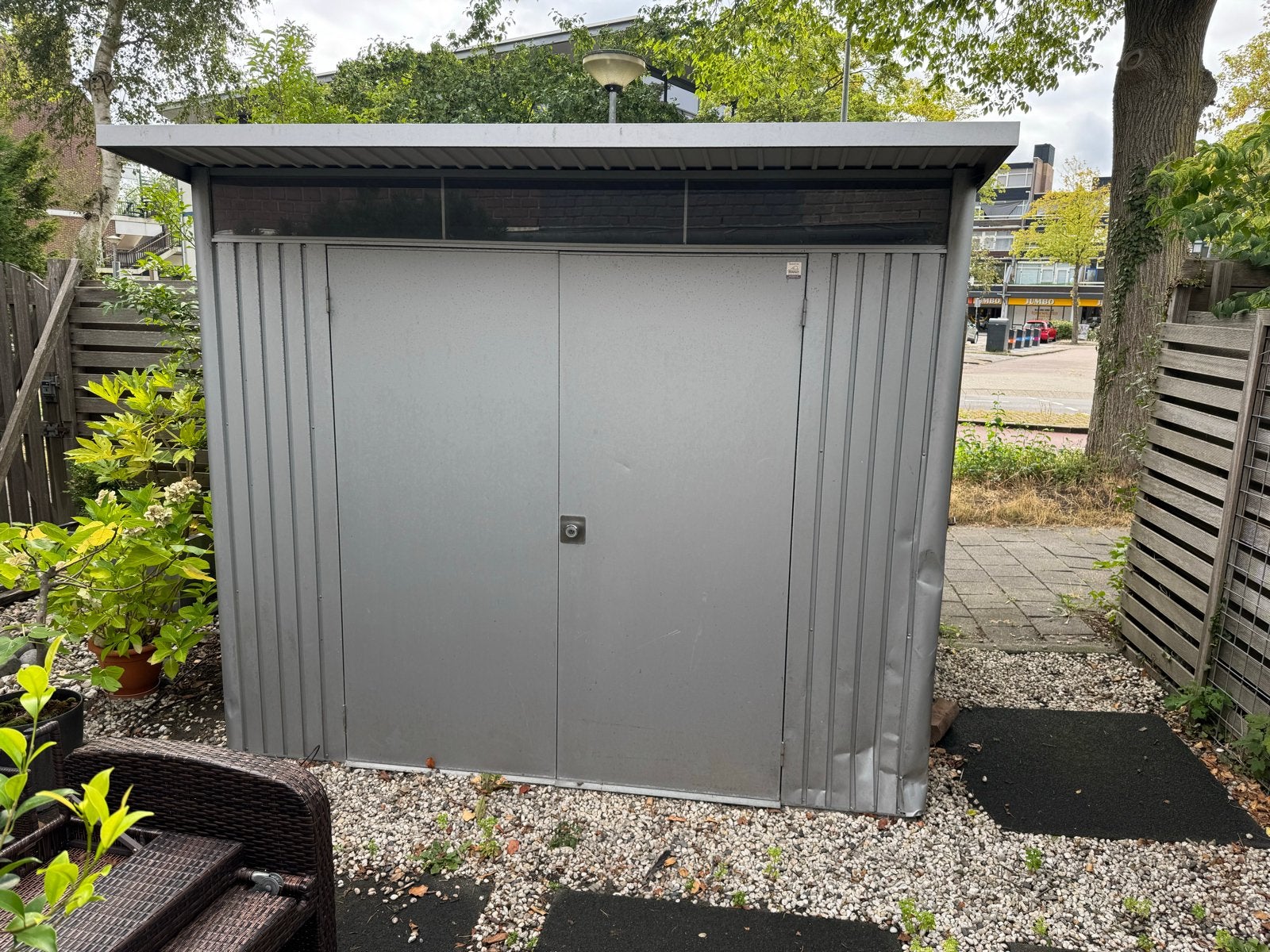 berging met dubbele deuren 215cm hoog 173cm diep  245 breed, Ophalen, Gebruikt, Metaal, Fietsenberging