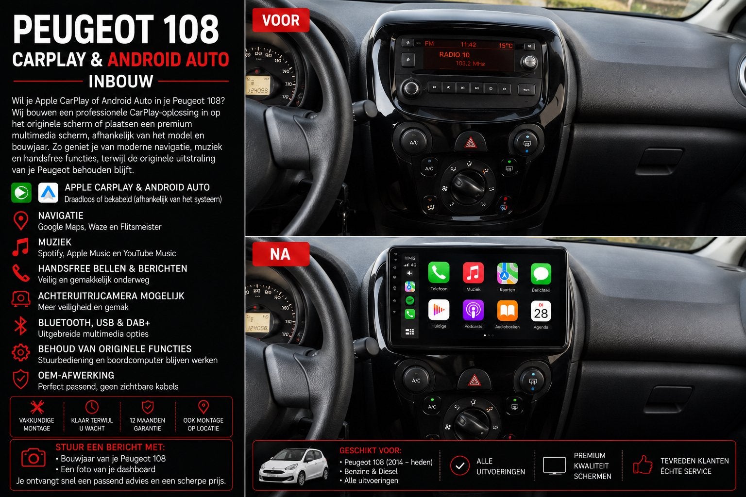 Peugeot 108 CarPlay & Android Auto Inbouw, Auto diversen, Autoradio's, Zo goed als nieuw, Ophalen