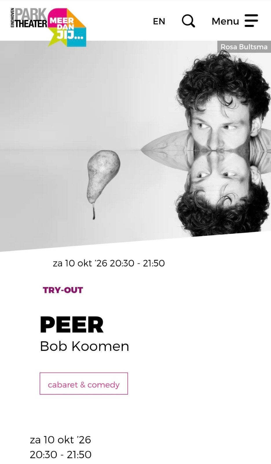 2 tickets Peer van Bob Koomen zaterdag 10 okt Eindhoven, Twee personen, Oktober