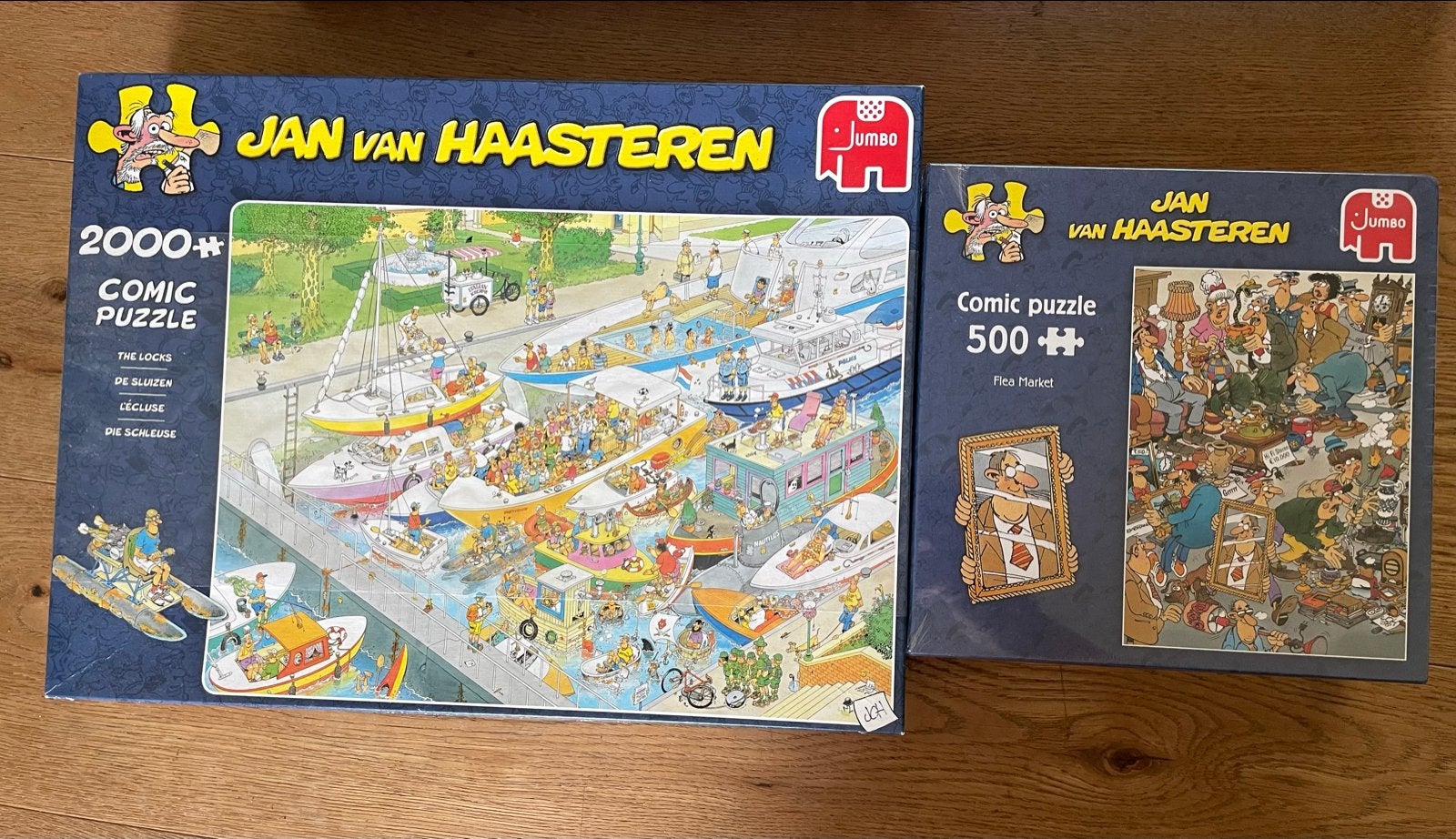 Jan van Haasteren Puzzels: De Sluis (2000) & Vlooienmarkt (5, Ophalen of Verzenden, Meer dan 1500 stukjes, Nieuw, Legpuzzel