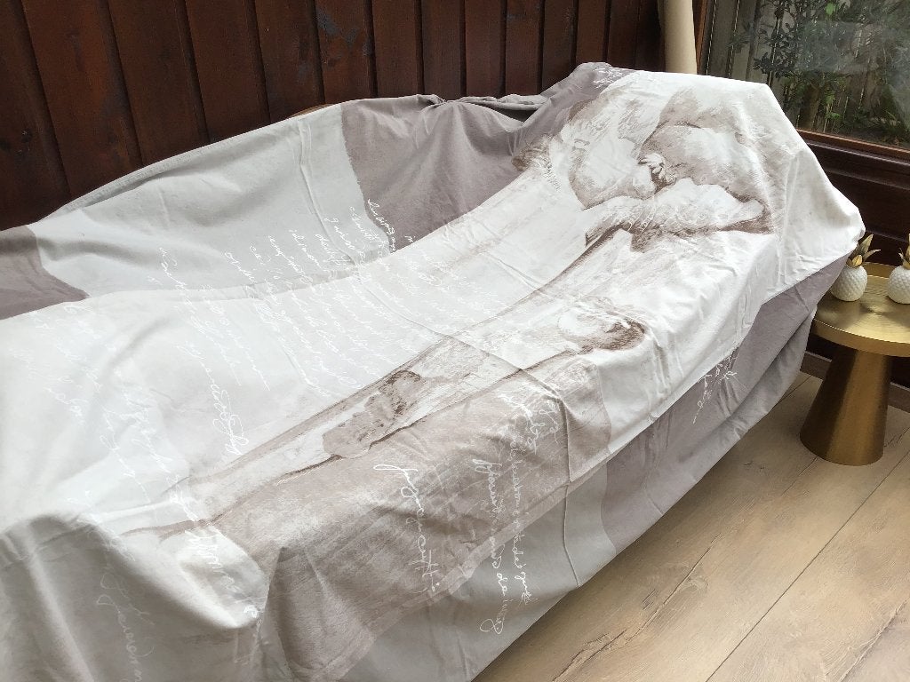 1 persoons overtrek 200 bij 130 beige met bloemen en tekst, Ophalen of Verzenden, Eenpersoons, Beige, Dekbedovertrek