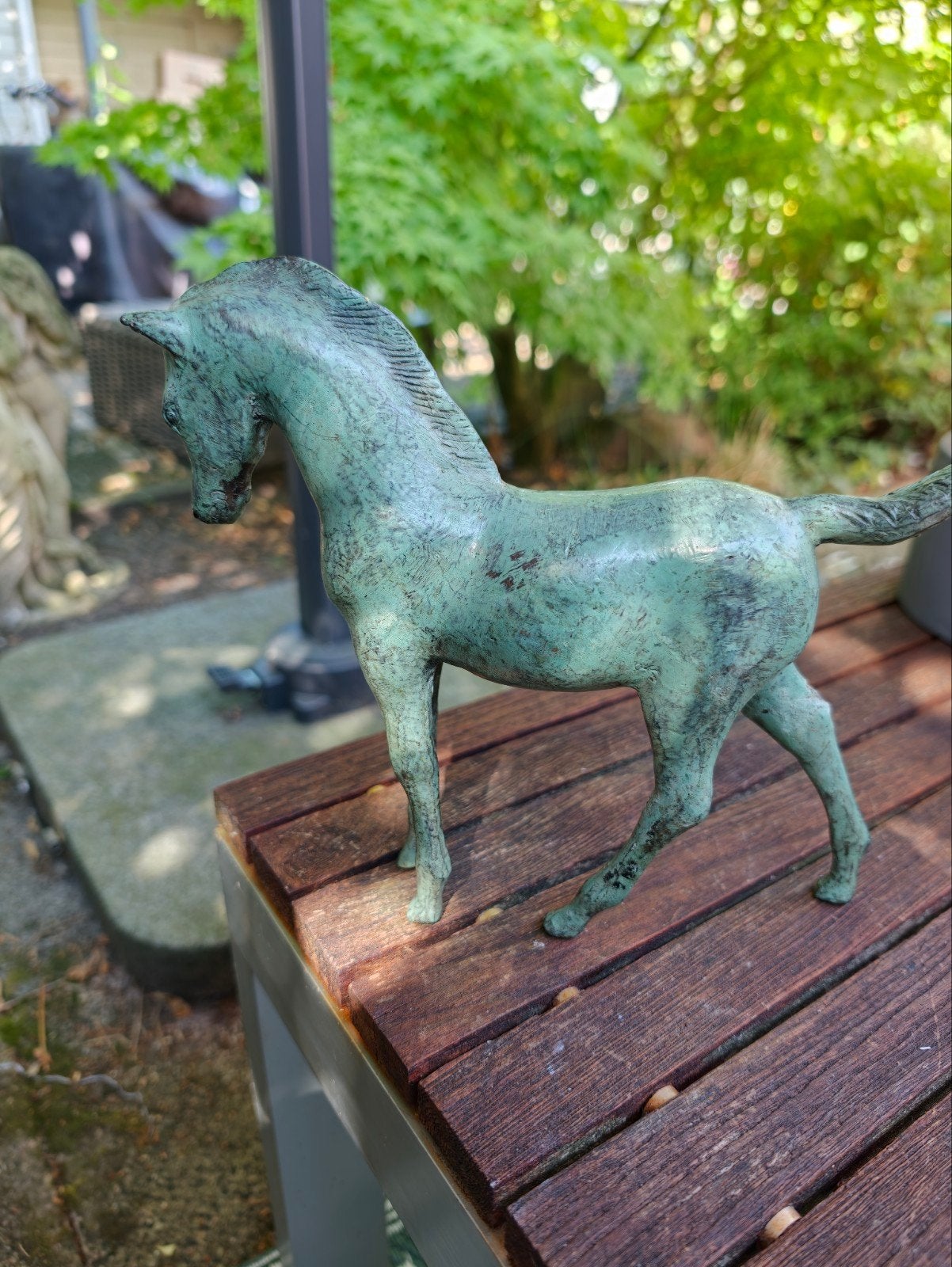 Messing Paard met Bronzen Legering, Ophalen of Verzenden, 20 - 50 cm, Beeld, Groen