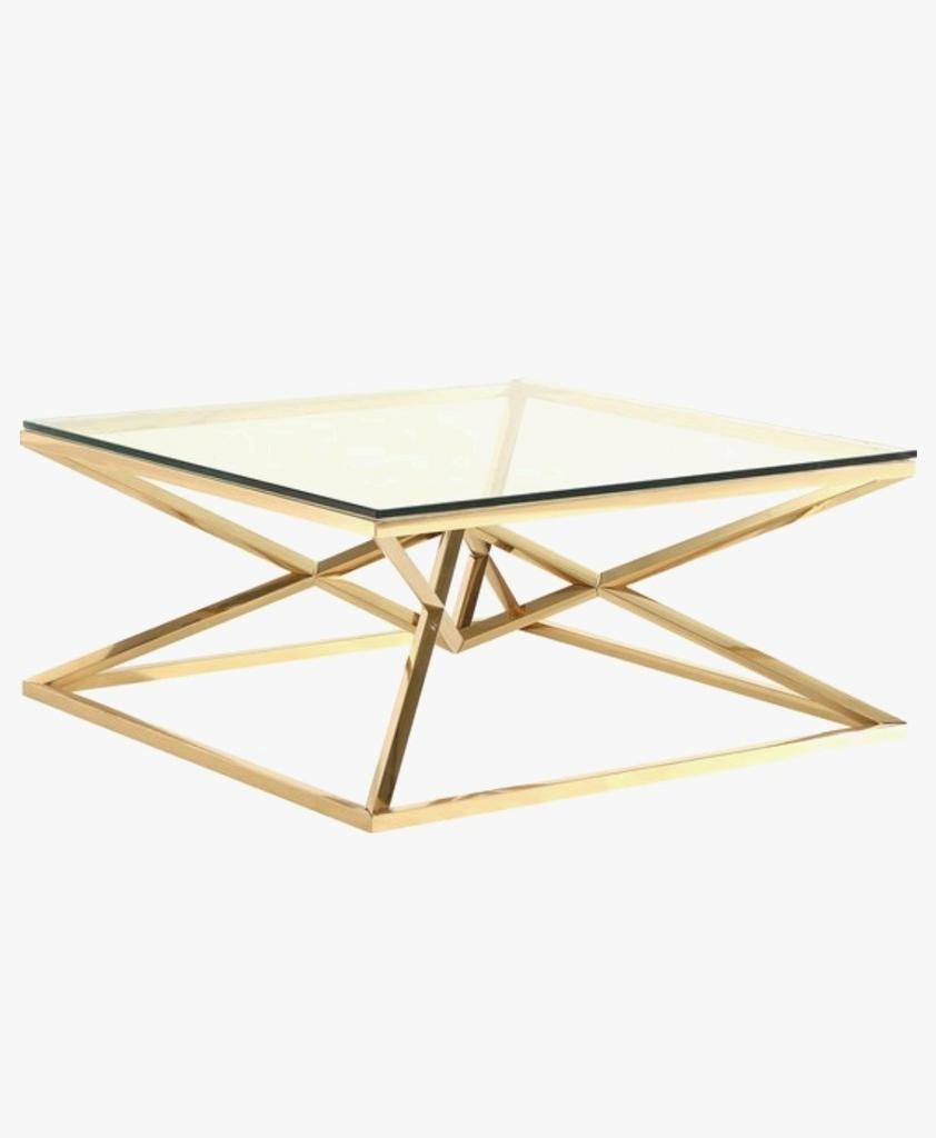 Salontafel Eichholtz glazen blad en gouden onderstel (1x1m), Ophalen, Gebruikt, 50 tot 100 cm, Vierkant