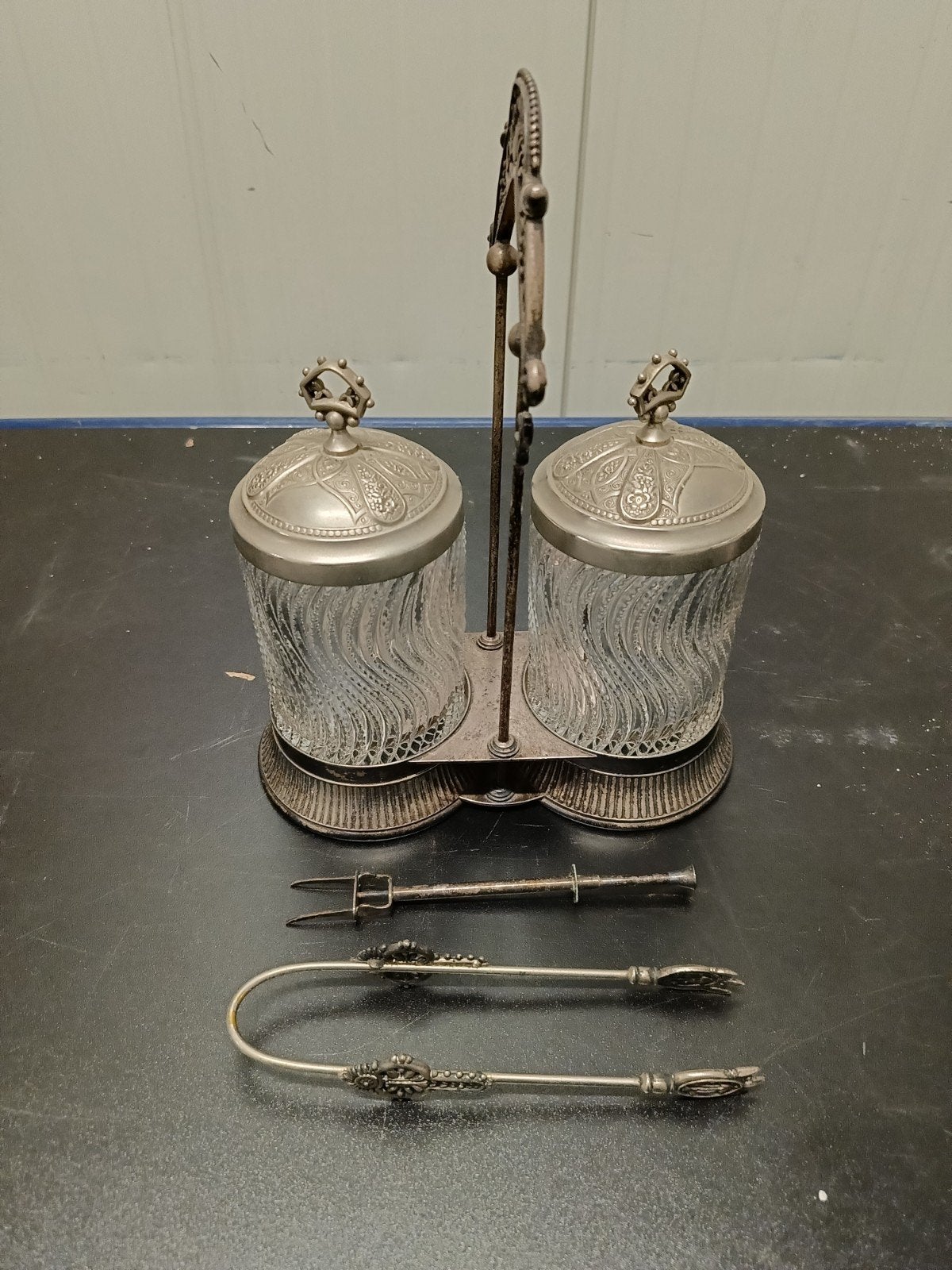 Antiek Dubbel Zuurstel Glazen Augurkenpotten met Tang /Vork, Antiek en Kunst, Curiosa en Brocante, Ophalen of Verzenden