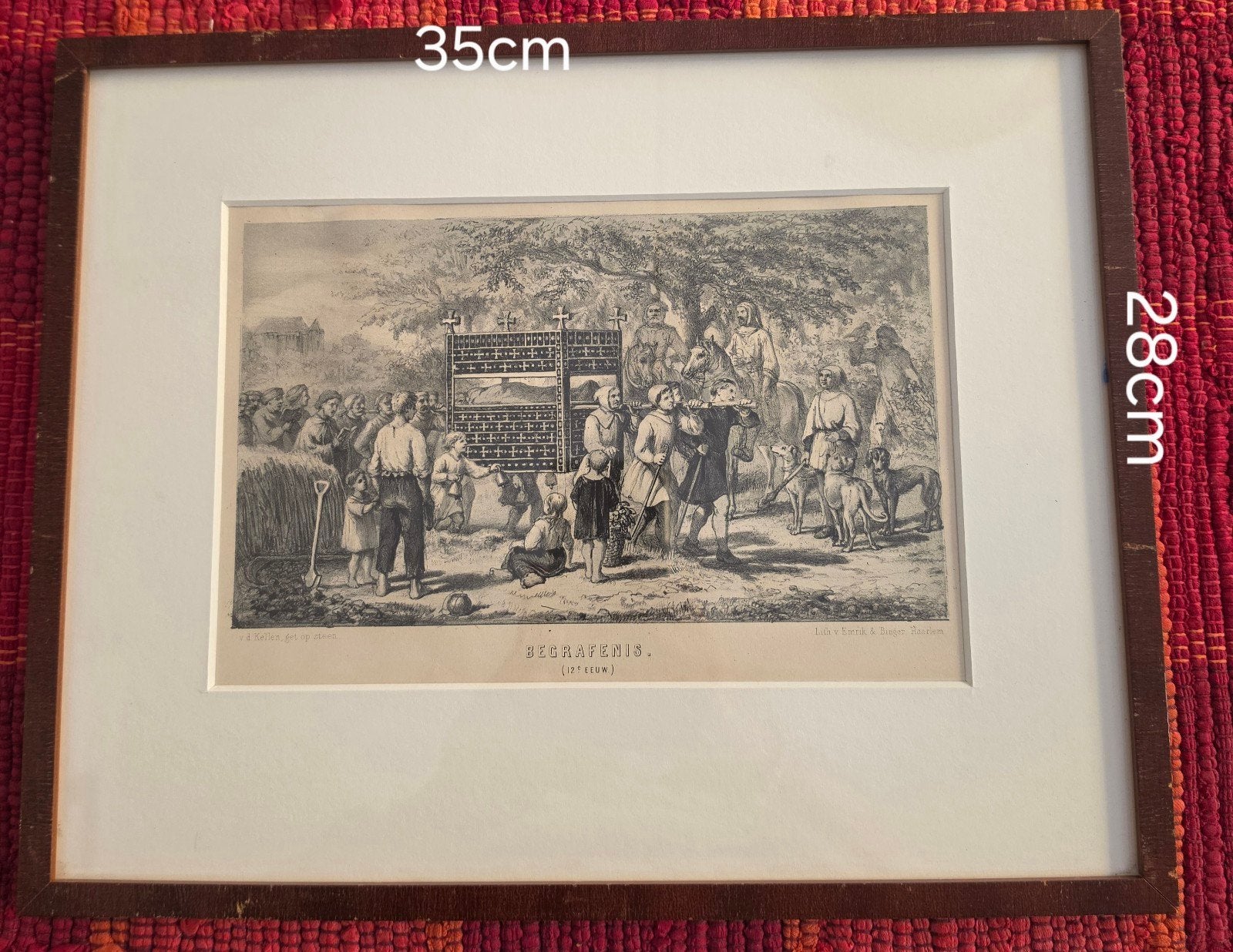 Antieke Gravure: Begrafenis Scène, Ingelijst 12de eeuw, 1800 - 1899, Ophalen of Verzenden, Gravure, Ingelijst