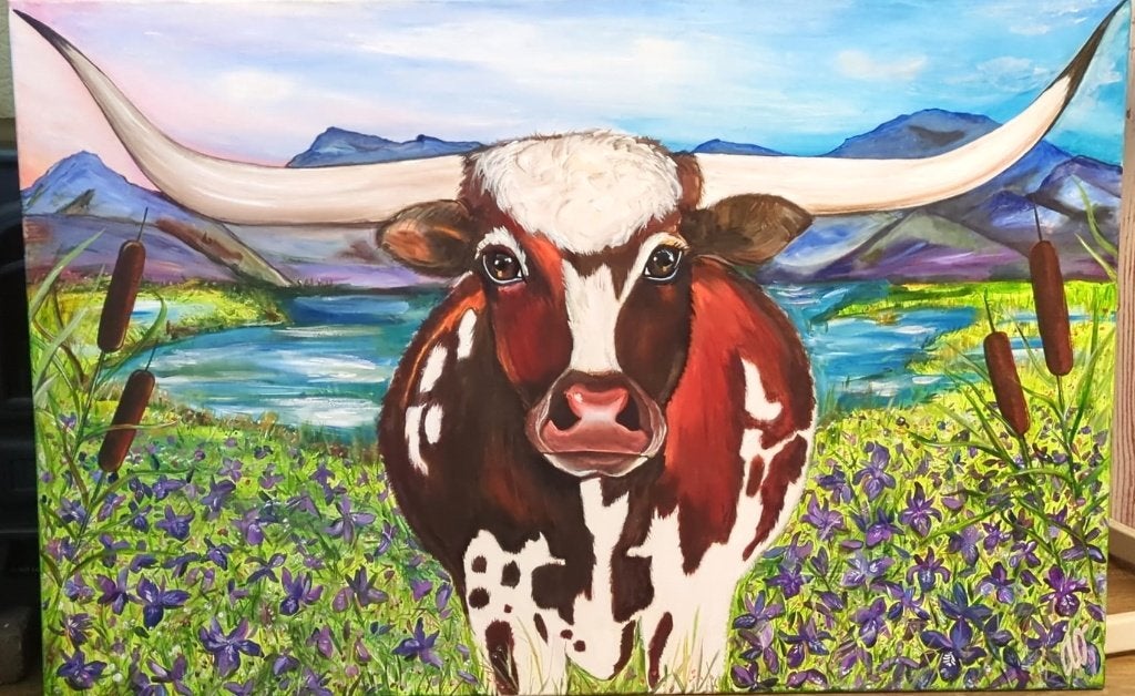 longhorn schilderij, Antiek en Kunst, Kunst | Schilderijen | Modern, Ophalen, 3D-effect, Acrylverf, Dieren