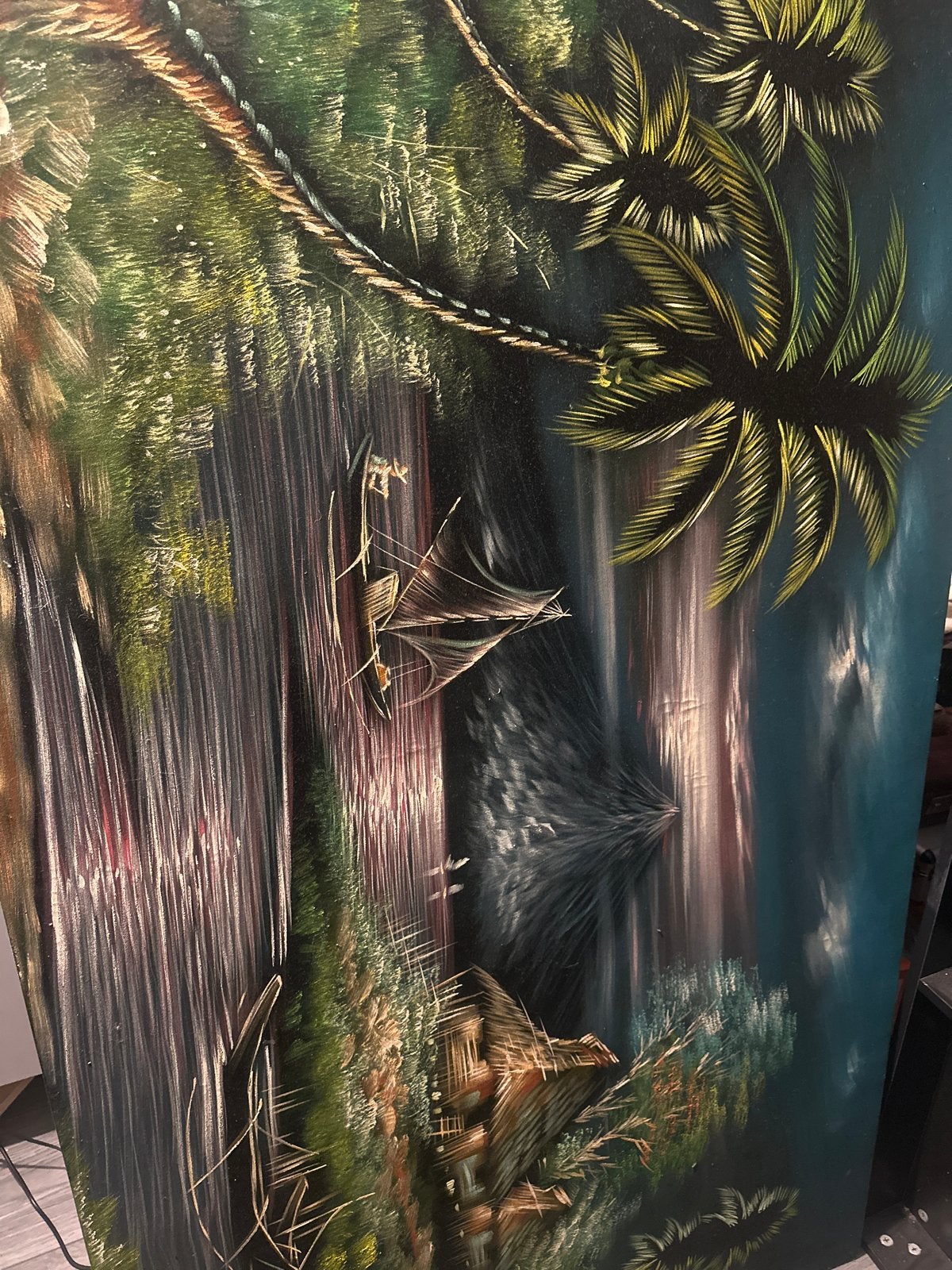 Tropisch landschap schilderij met vulkaan en boten, Doek, Realistisch, Ophalen of Verzenden, Olieverf