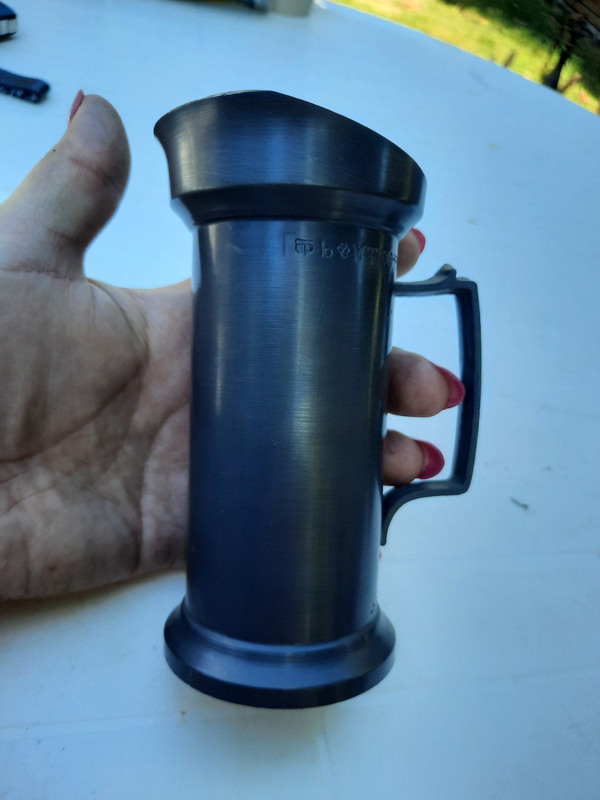 Vintage tinnen bierpul met unieke gravure, Ophalen