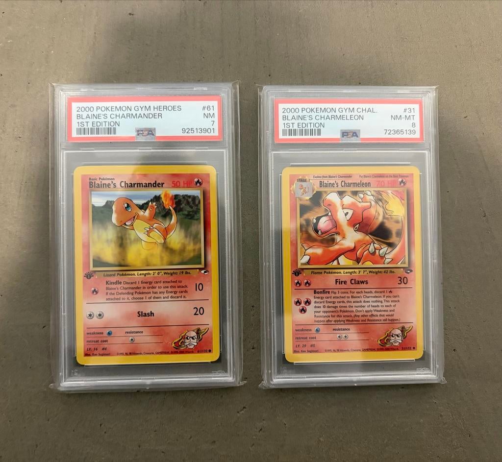 BLAINE'S CHARMANDER & CHARMELEON 1ST EDITION PSA 7 & 8, Ophalen of Verzenden, Zo goed als nieuw, Meerdere kaarten