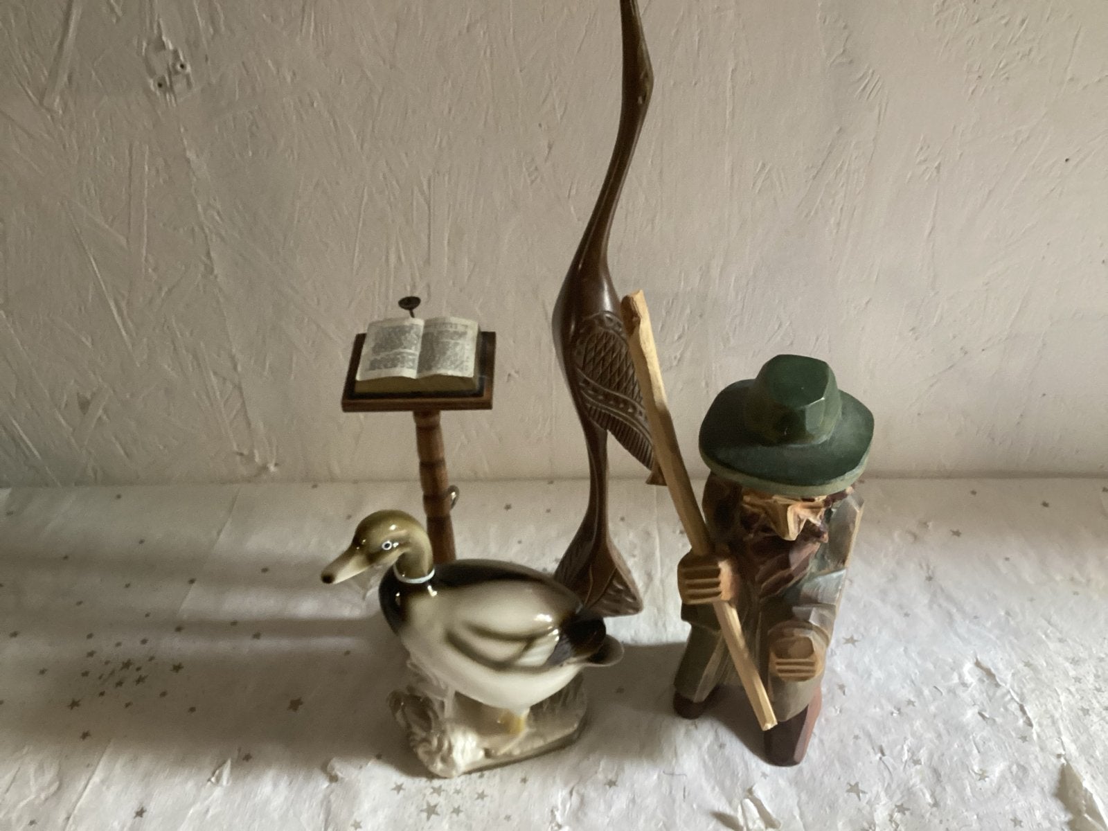 Set van 3 decoratieve beelden: eend, kraanvogel en man, Ophalen of Verzenden, Handgemaakt, 20 - 50 cm, Beeld