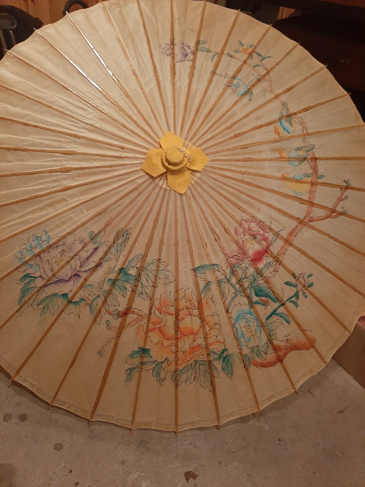 Vintage Oosterse Papieren Parasol met Bloemenprint, Ophalen, Gebruikt, Meerkleurig, Oosters