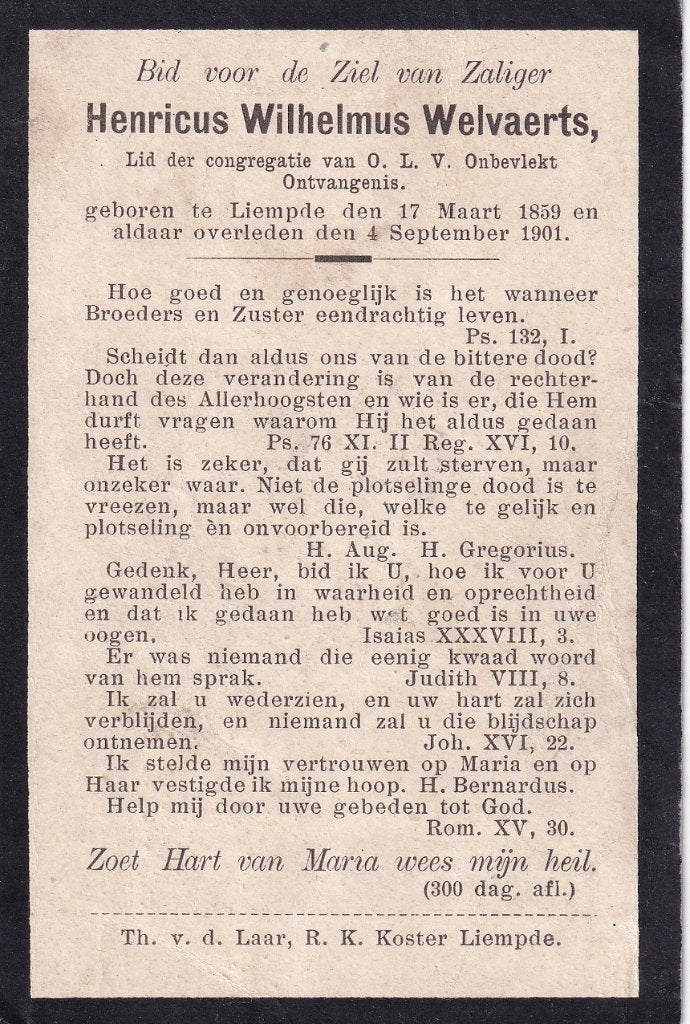 Welvaerts Henricus 1859 Liempde 1901, Ophalen, Bidprentje
