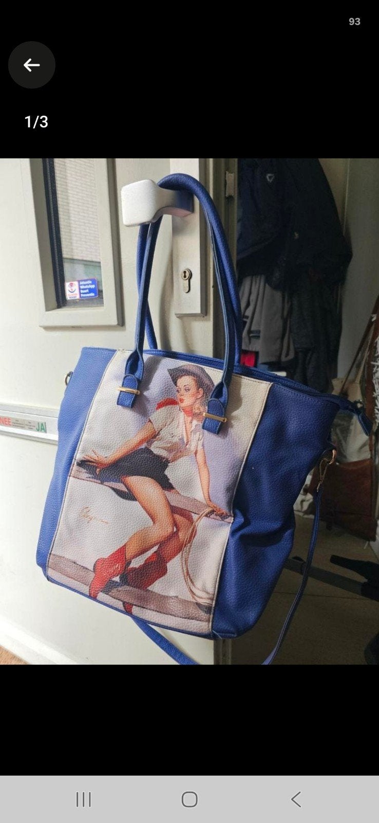 Blauwe Kunstlederen Tote Bag met Vintage Pin-up Cowgirl, Ophalen of Verzenden