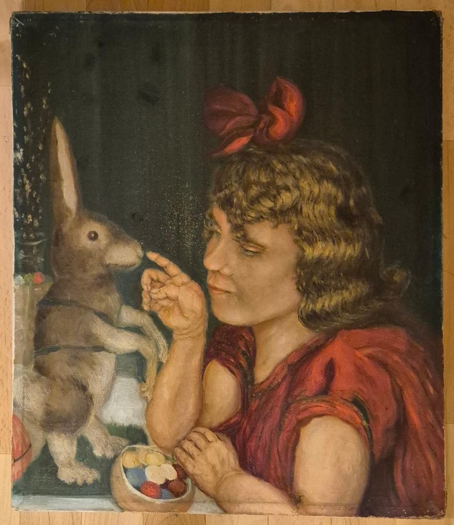 Antiek schilderij van een meisje met konijn., Ophalen of Verzenden