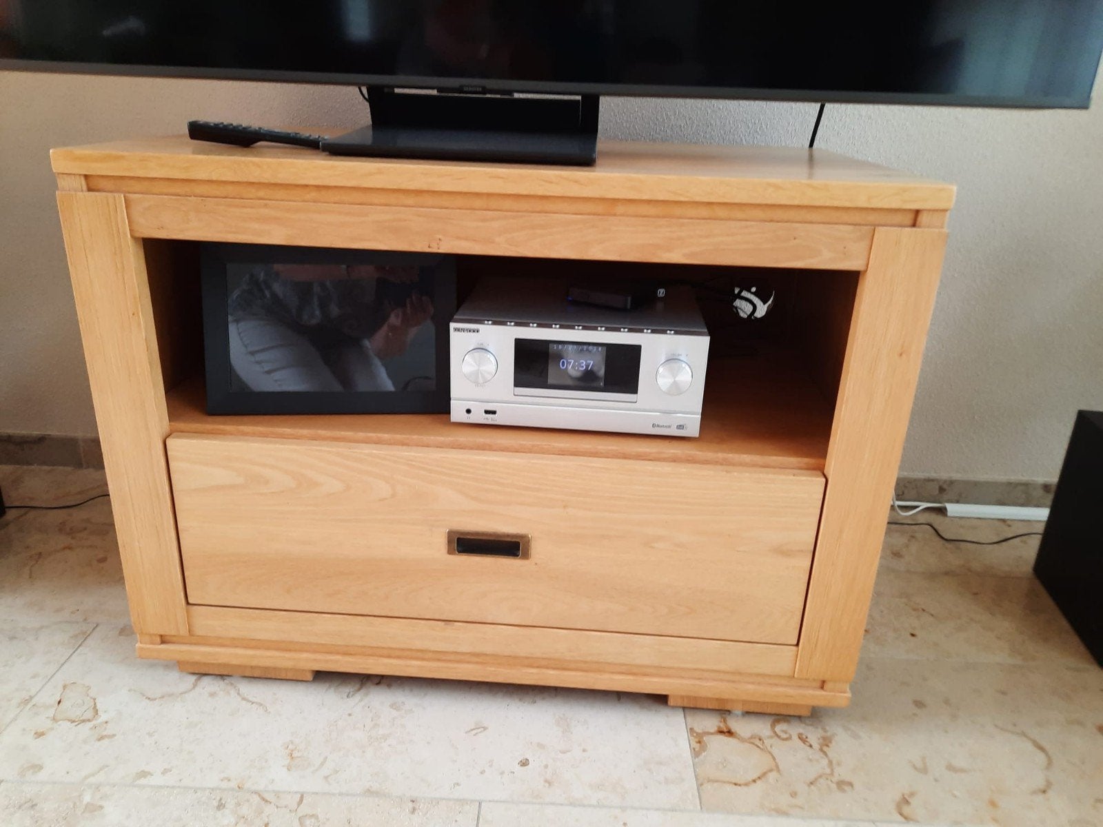 Massief eiken tv-meubel met lade en open vak, Gebruikt, Eikenhout, Minder dan 100 cm, 25 tot 50 cm