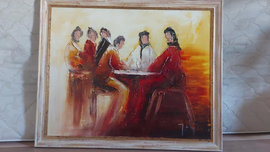 Schilderij met mensen aan tafel, Antiek en Kunst, Kunst | Schilderijen | Modern, Ophalen of Verzenden