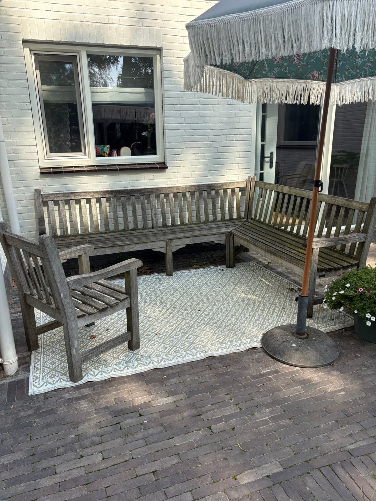 Teakhouten tuinbank (hoekbank & stoel), Tuin en Terras, Tuinsets en Loungesets, Ophalen, Gebruikt, Teakhout