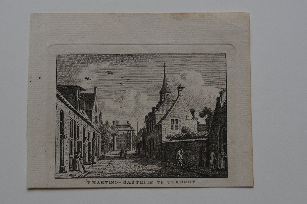 UTRECHT STAD `t MARTINI-GASTHUIS Kopergravure 1786-1992 GZ1, Verzenden, Stadsgezicht, Gravure, 7 cm
