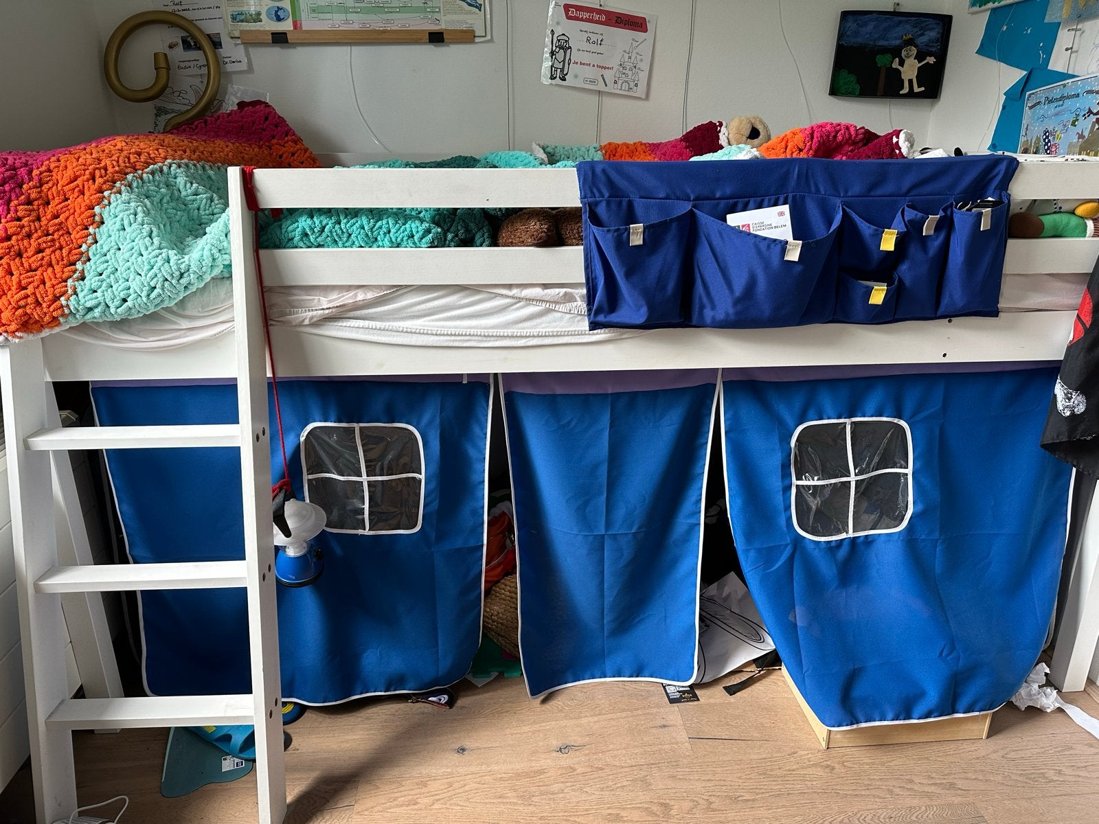 Halfhoogslaper wit met blauwe tent, Ophalen, Gebruikt, 90 cm, Eenpersoons