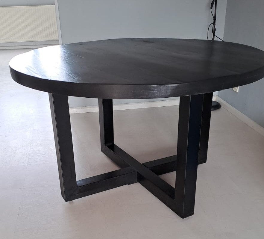Stevige zwarte ronde eettafel, Huis en Inrichting, Ophalen, Gebruikt, Vier personen, 100 tot 150 cm