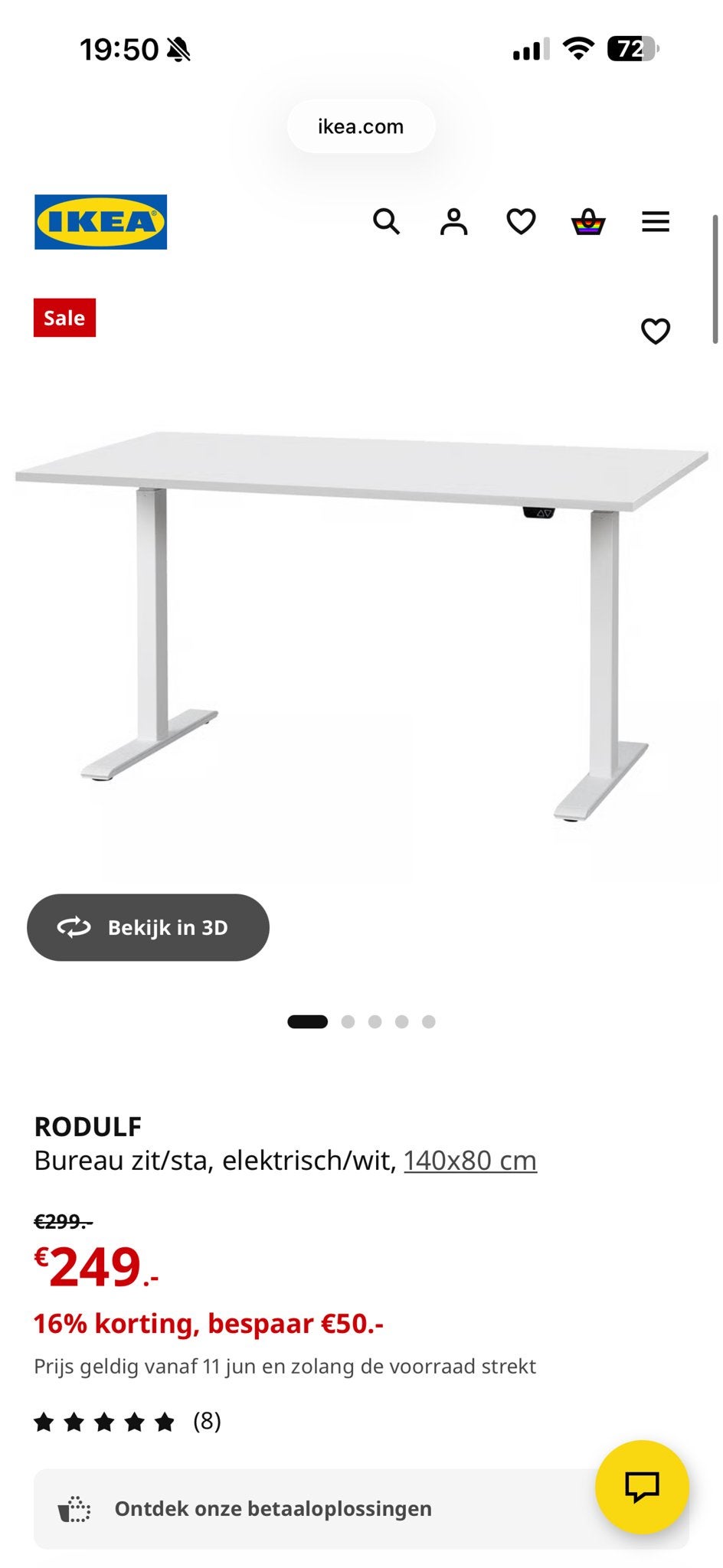 IKEA RODULF Elektrisch Zit-Sta Bureau Wit 140x80 cm, Huis en Inrichting, Ophalen, Zit-sta bureau, Elektrisch, Spaanplaat of MDF
