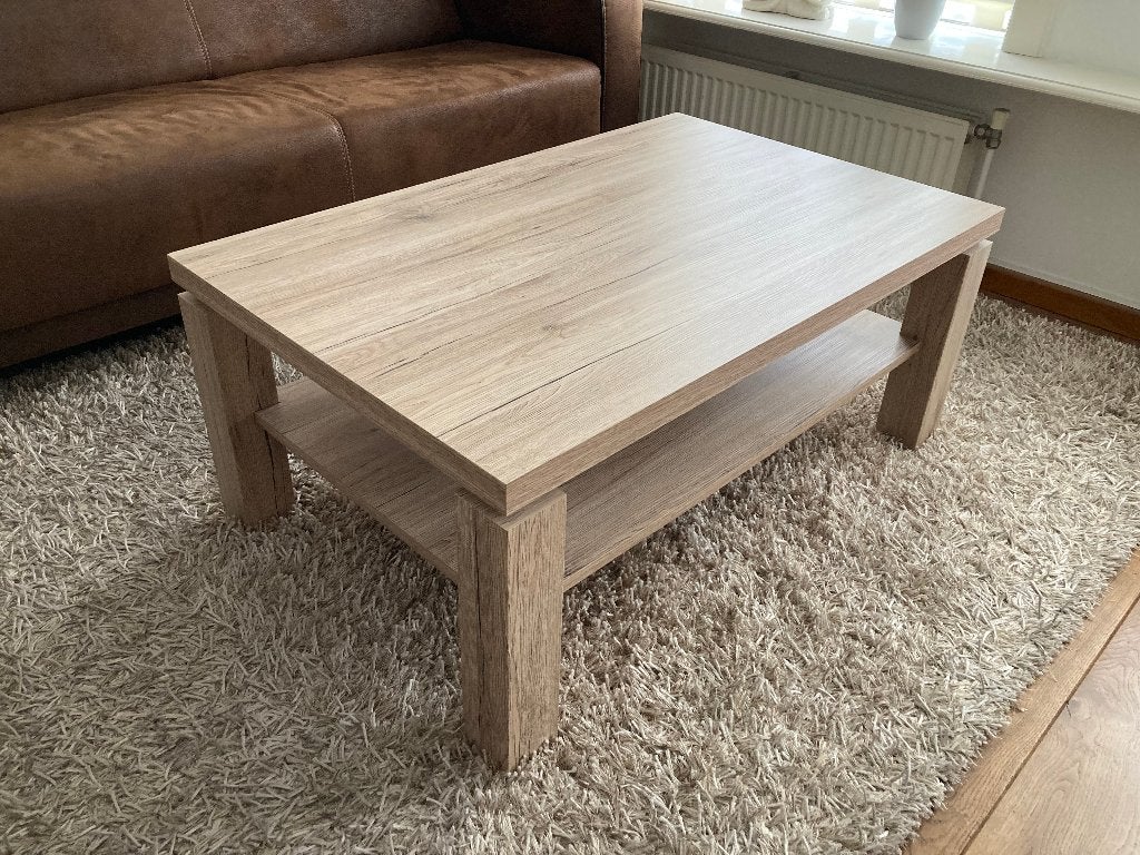 Moderne salontafel in houtlook, Ophalen, Gebruikt, 100 tot 150 cm, 50 tot 100 cm