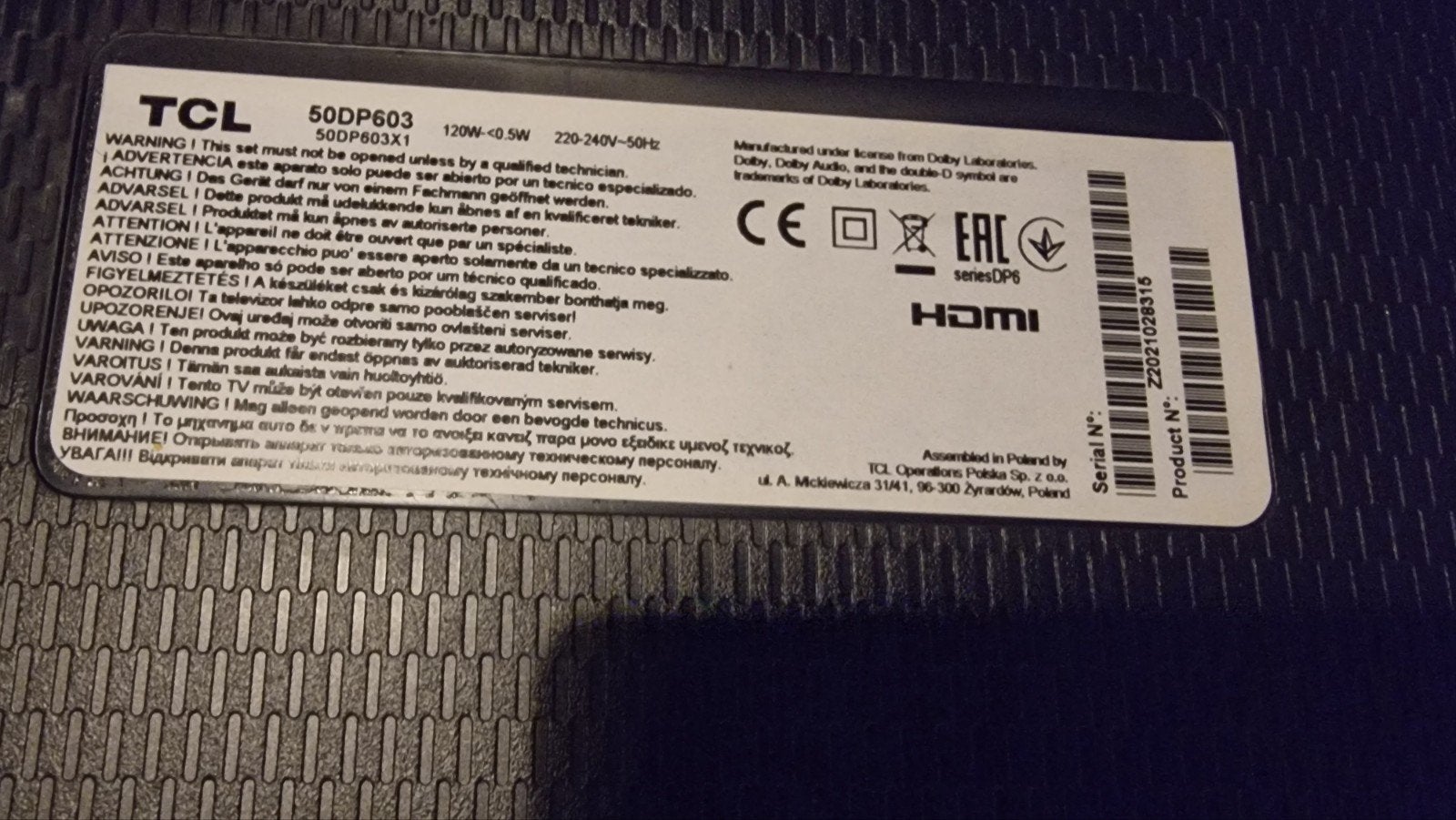tcl 50 dp 603 hdr 10 4 k ready, Zo goed als nieuw, 100 Hz, 100 cm of meer, Ophalen