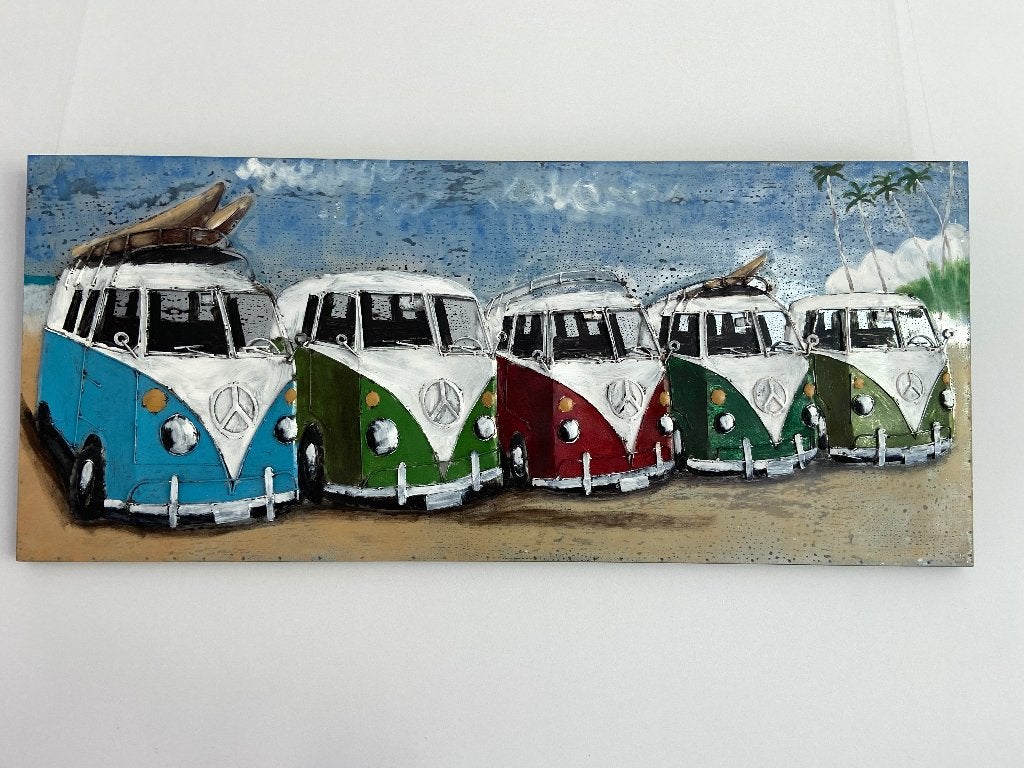 3D Metalen Schilderij - VW Busjes op het Strand (140x60), Ophalen
