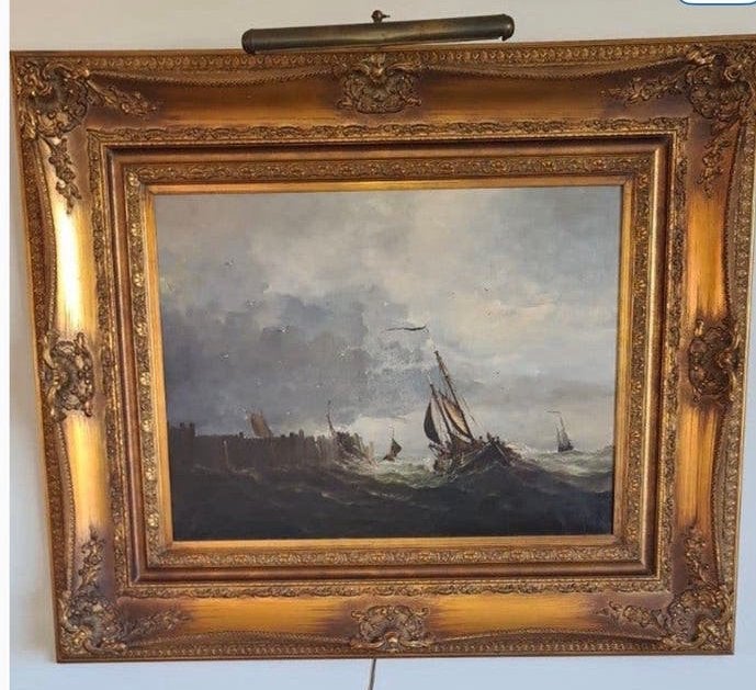 Klassiek Maritiem Schilderij: met barock lijst 125x 100 cm, Antiek en Kunst, Ophalen, Maritiem / water, Doek, Olieverf