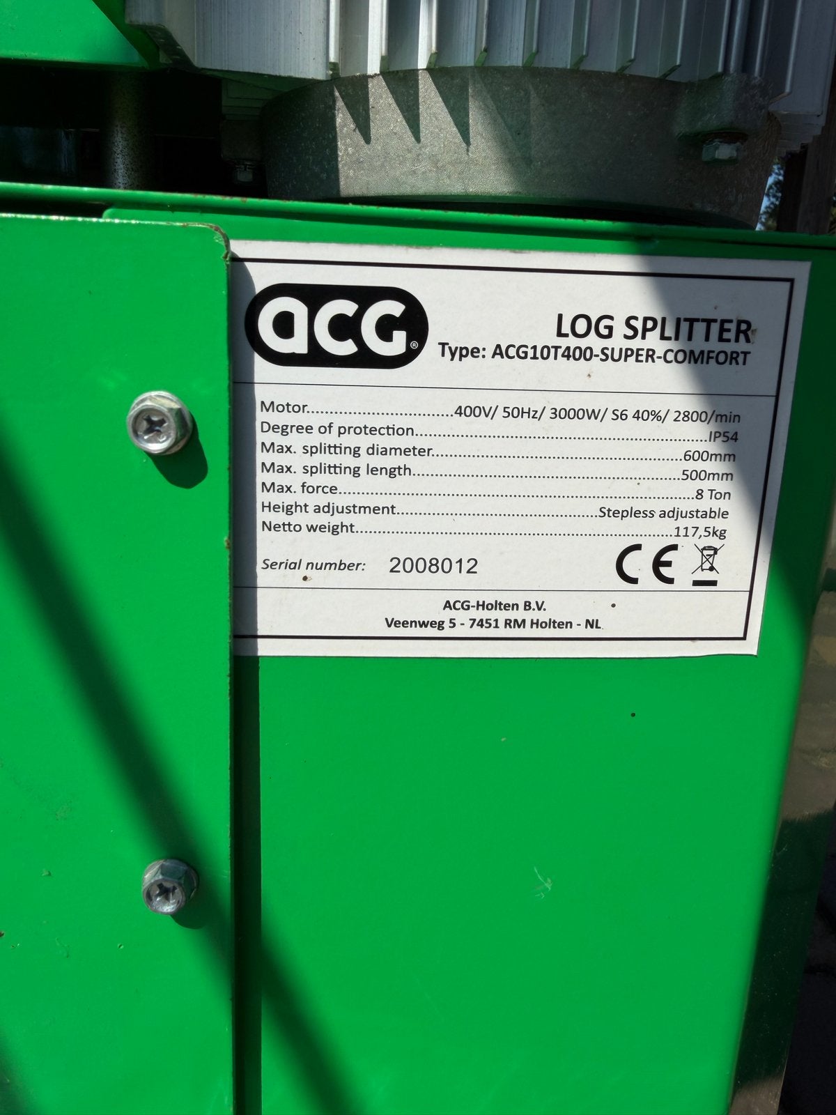 ACG Houtklover 10T230/400 Super Comfort - Krachtstroom, Ophalen, Kloofmachine