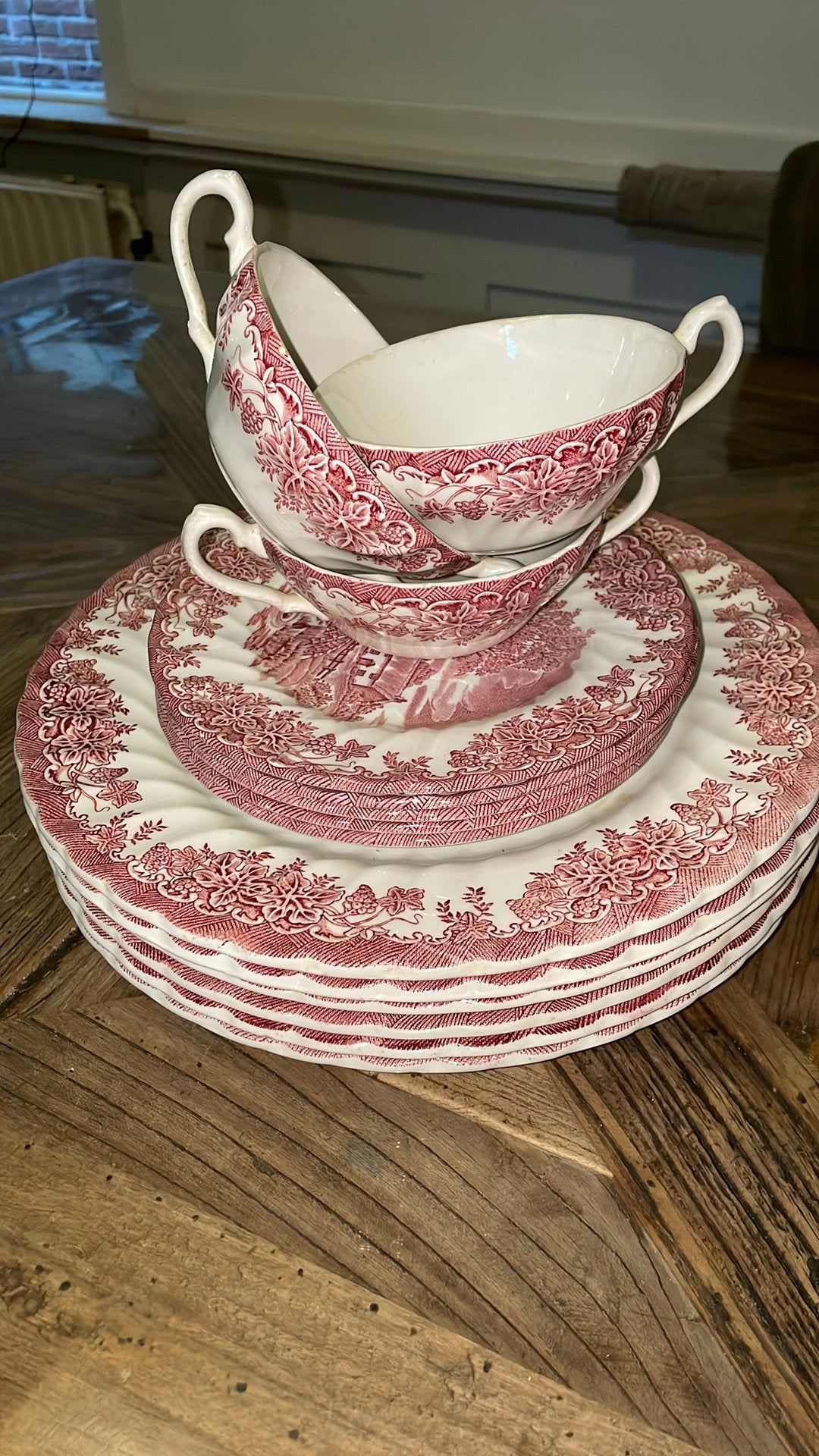 Myott The Brook roze servies: 6 grote, 5 ontbijt,3 soepkom, Gebruikt, Overige merken, Keramiek, Vintage