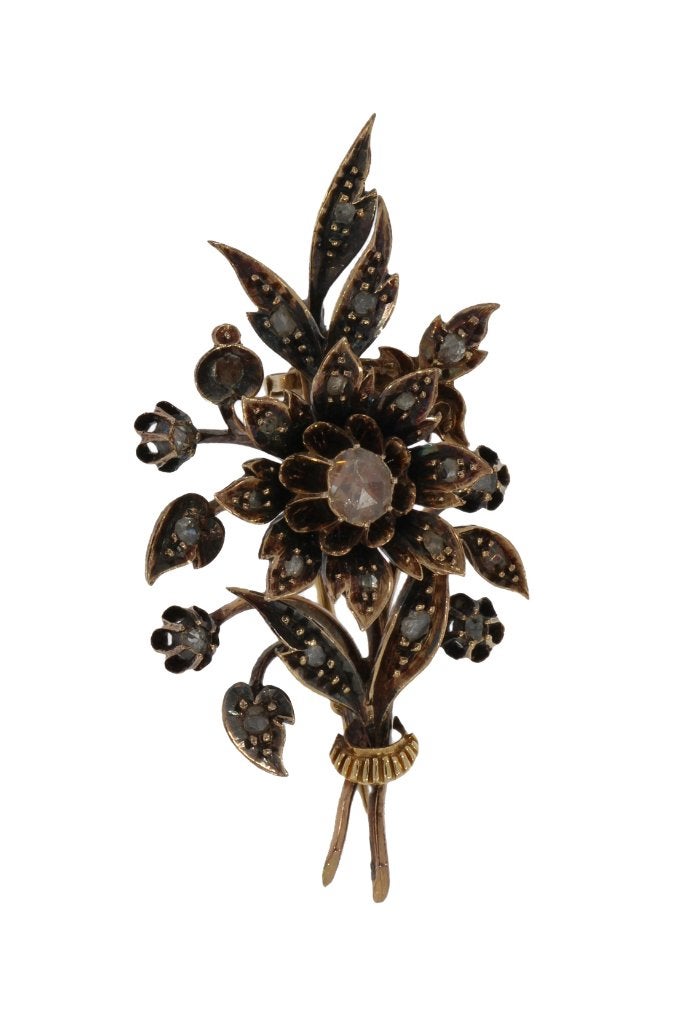 Diamanten bloem antieke 14k gouden broche tak briljant dame, Ophalen of Verzenden, Goud, Broche, Met edelsteen