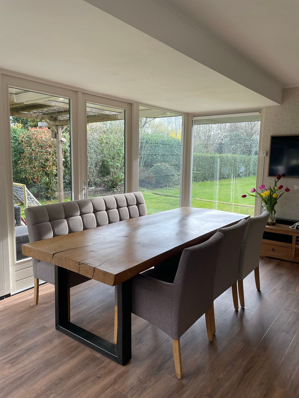 Eiken boomstam eettafel + Trendhopper eetkamerbank & stoelen, Ophalen, Gebruikt, Eikenhout, 200 cm of meer