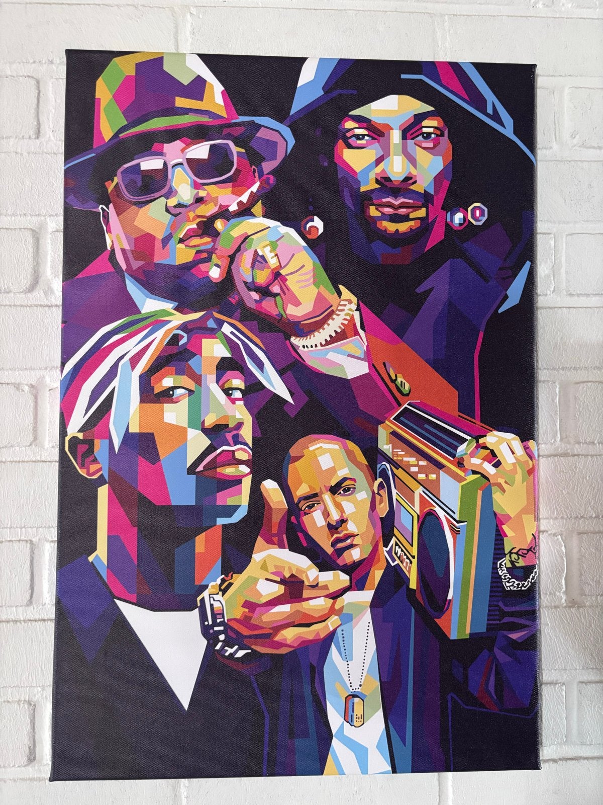 Pop Art Canvas: Iconische Rappers (Tupac, Snoop, Eminem), Figuren, Ophalen of Verzenden, Print, Op houten frame