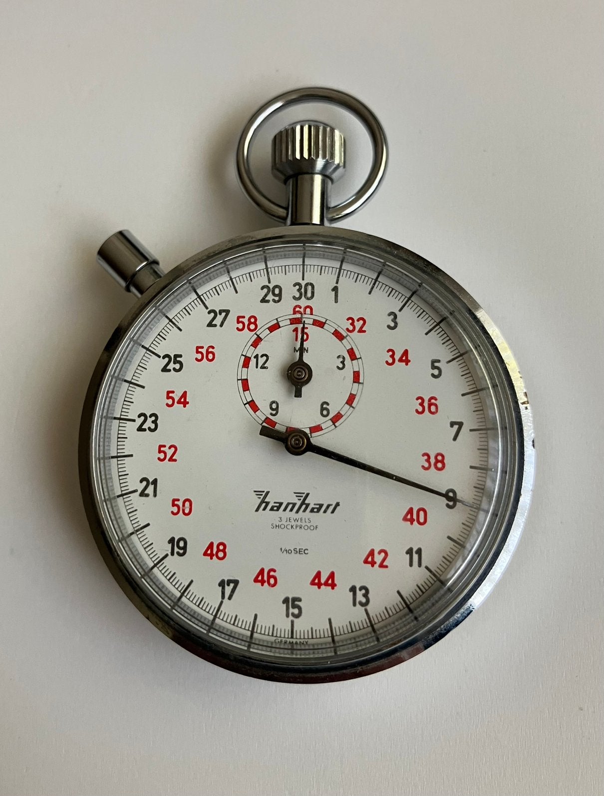 Hanhart stopwatch in goed werkende nieuwstaat, Ophalen of Verzenden, Staal, Overige merken, 1960 of later