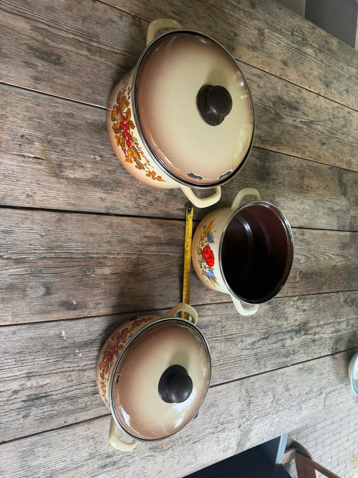 Vintage Retro Pannenset - 3 pannen, Huis en Inrichting, Keuken | Potten en Pannen, Ophalen, Gebruikt, Rvs, Pannenset