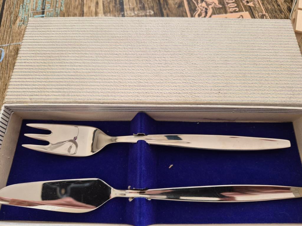 Vintage taartschep en -vork set in originele doos, Ophalen