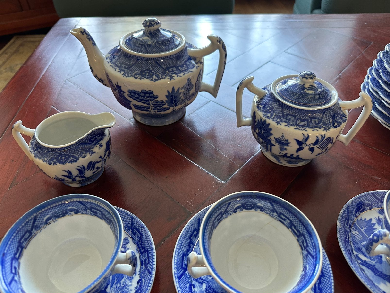 Blauw wit porseleinen theepot met roomstel Old Blue Handmade, Aziatisch, Gebruikt, Overige typen, Ophalen of Verzenden