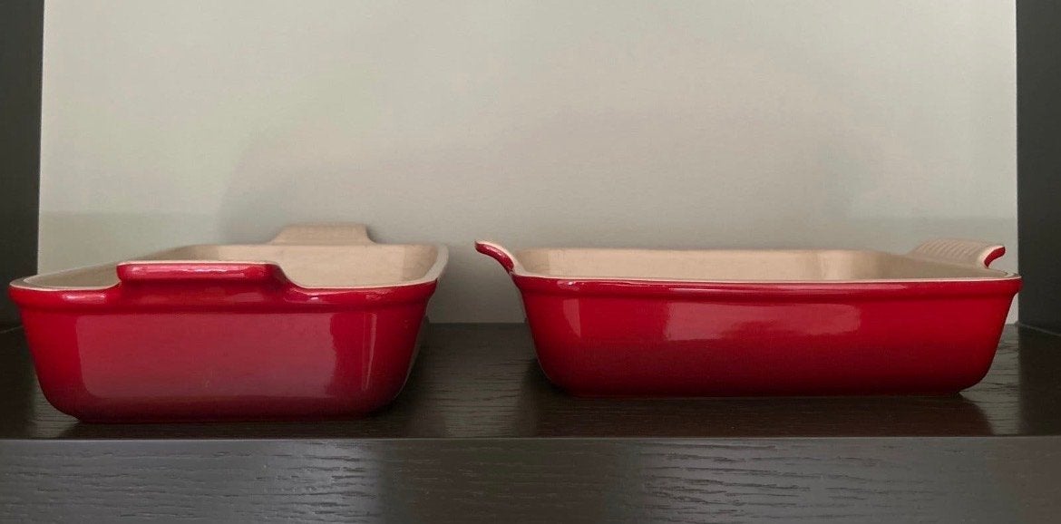 Set van 2 rode ovenschalen Le Creuset, 28x21,5 cm, Huis en Inrichting, Keuken | Potten en Pannen, Ophalen, Gebruikt, Gietijzer