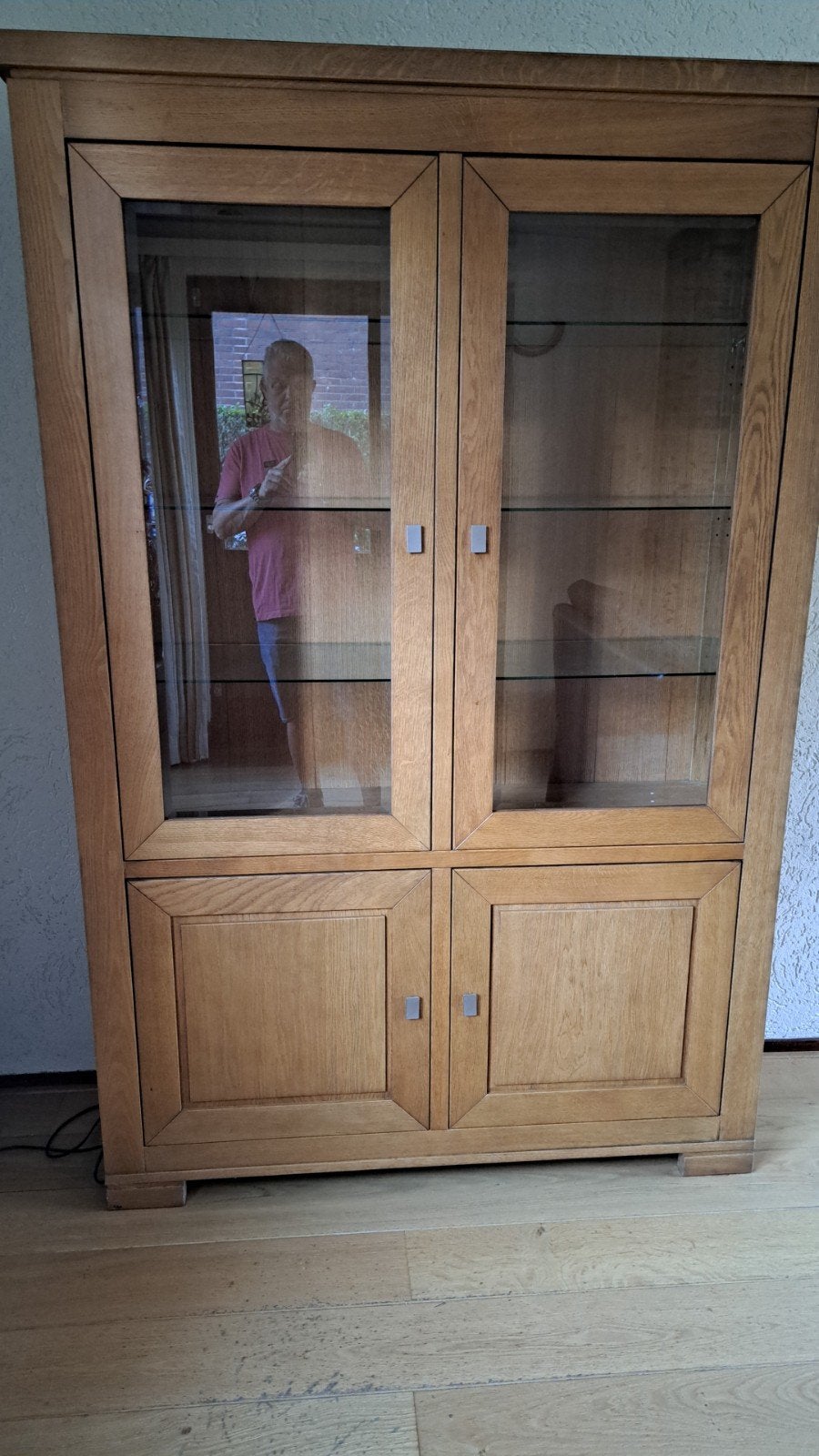 Eikenhouten vitrinekast met glazen deuren en planken, Ophalen, Glas, Met deur(en), Modern klassiek